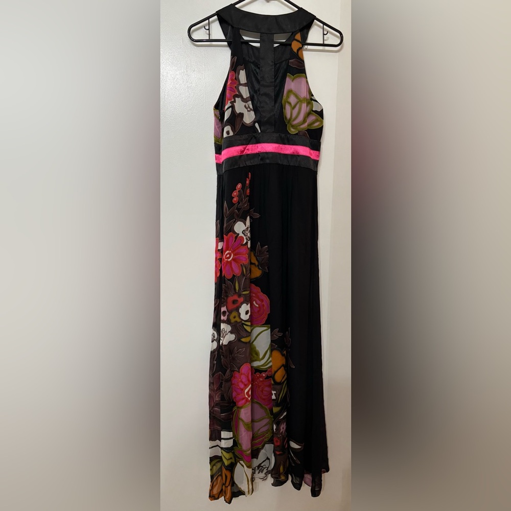 SUE WONG Women Sleeveless Silk Black Floral Print Long Maxi Dress Size 4 - Picture 2 of 16